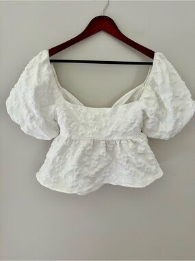 Altar’d State White Puff-Sleeve Peplum Top with Floral Embellishment